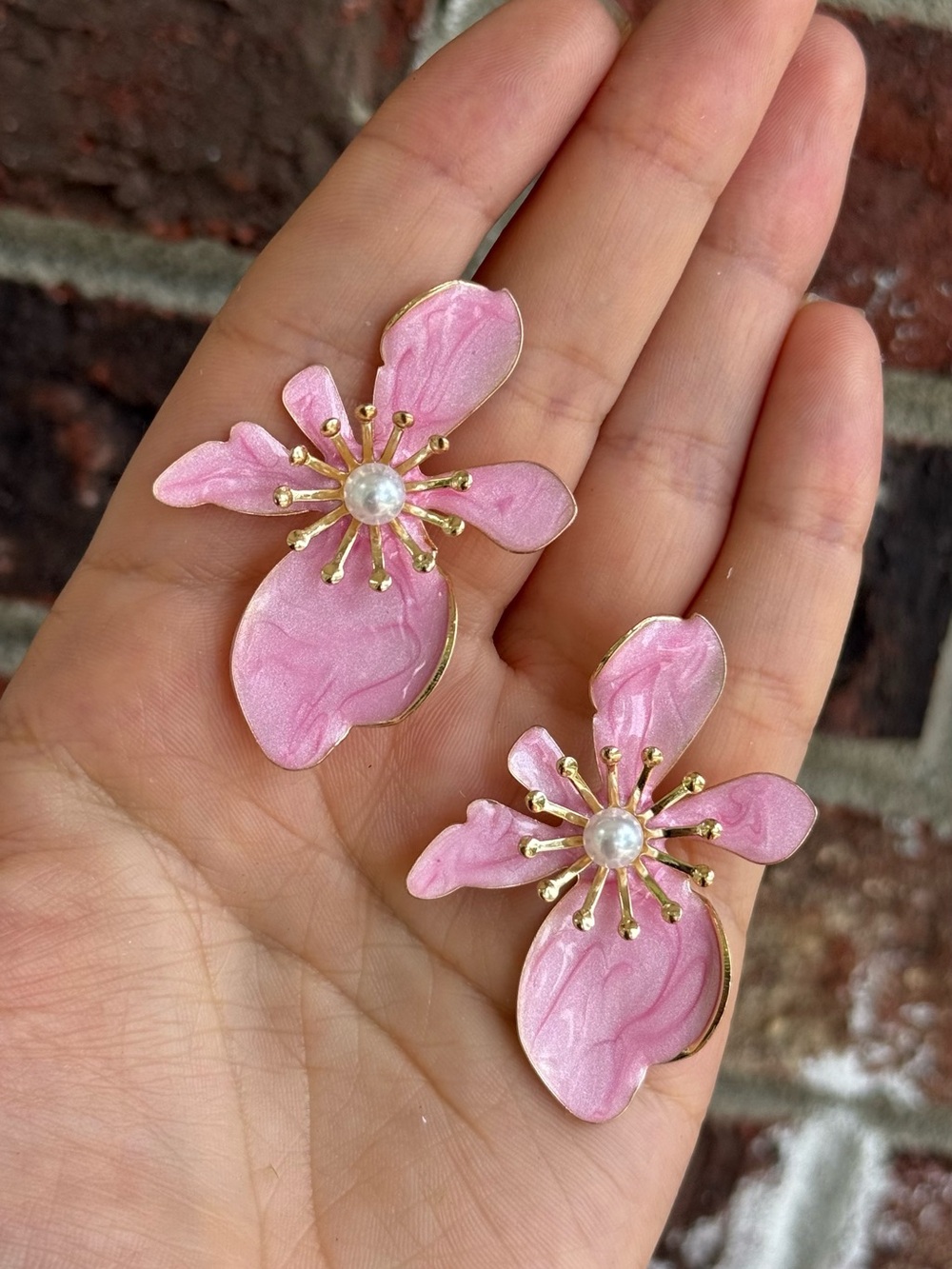 Pink Floral Pearl-Accent Earrings - Picture 3 of 3